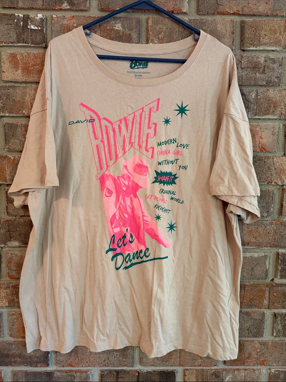 David Bowie 'Let's Dance' Short Sleeve Graphic Tee - Beige with Pink/Teal Print